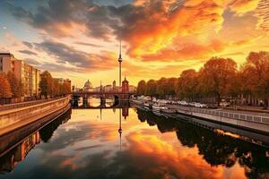 Berlina horizonte juerga río a atardecer, Alemania ,generativo ai foto