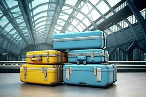 Suitcases in train station. Travel concept ,Generative AI photo