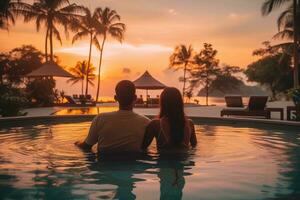 Pareja disfrutar puesta de sol desde piscina a tropical recurso hotel mientras de viaje para verano vacaciones,generativo ai foto