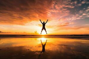 A man jumping on the beach at sunset, silhouettes of happy man on successful ,Generative AI photo