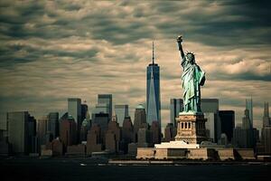 el estatua de libertad y el horizonte de nuevo York ciudad ,generativo ai foto