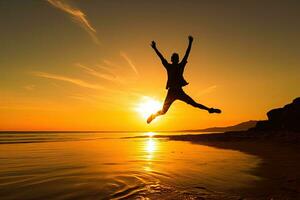 A man jumping on the beach at sunset, silhouettes of happy man on successful ,Generative AI photo