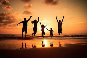 familia saltando en el playa a puesta de sol. ,generativo ai foto