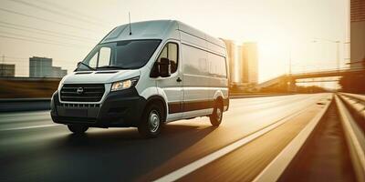 Cargo van moving fast on the road to city suburb. Busines logistics express service. Generative AI . photo