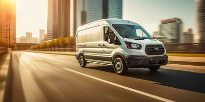 Cargo van moving fast on the road to city suburb. Busines logistics express service. Generative AI . photo