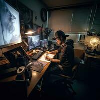 Graphic designer using a graphics tablet ,Generative AI. photo