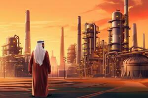 Muslim Arab businessman with an oil pump, oil refinery plant in the background ,Generative AI . photo