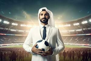 exitoso musulmán hermoso empresario en tradicional blanco candor con fútbol americano estadio y ventilador club fútbol americano equipo en el antecedentes. exitoso saudita, emiratíes, árabe empresario ,generativo ai . foto