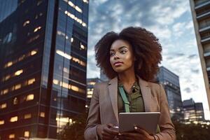 cerca arriba cara africano joven negocios mujer con cuaderno ,alto edificio fondo generativo ai foto