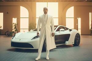 Successful Muslim handsome businessman in traditional white kandoor with super car  in the background. Successful Saudi, Emirati, Arab businessman ,Generative AI . photo