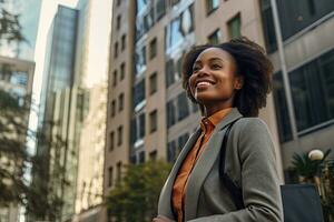 cerca arriba cara africano joven negocios mujer con cuaderno ,alto edificio fondo generativo ai foto