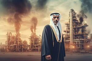 musulmán árabe empresario con un petróleo bomba, petróleo refinería planta en el antecedentes ,generativo ai . foto