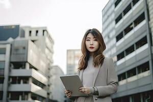 joven mujer de negocios con cuaderno ,alto edificio , generativo ai. foto