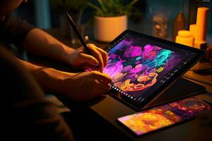 Close up hand Graphic designer using a graphics tablet ,Generative AI. photo