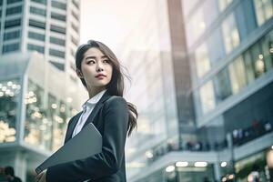 Asia Young busines woman with notebook ,tall building background ,Generative AI . photo