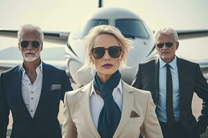 Businessmen and businesswoman standing on runway nearby private jet,Generative AI . photo