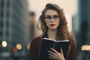 American Young beautiful busineswoman with notebook ,tall building background, copy space ,Generative AI . photo