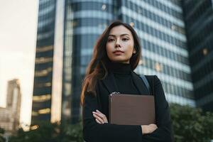 americano joven hermosa mujer de negocios con cuaderno ,alto edificio fondo, Copiar espacio ,generativo ai . foto