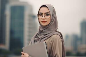 árabe joven negocios mujer con cuaderno ,alto edificio antecedentes ,generativo ai. foto