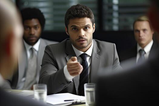 Businesman explaining colleagues during meeting in office, Extreme Close Up , Generative AI. photo