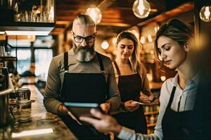 tienda propietario trenes empleados con un tableta en digital tableta mientras en pie a café ,generativo ai . foto