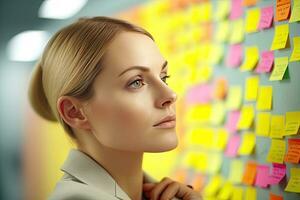 Businesswoman writing on adhesive note in office, Close Up face  ,Generative AI. photo
