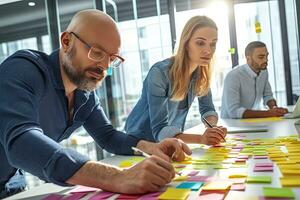 Colleagues  team working on adhesive note in office  ,Generative AI. photo