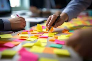 Businesswoman writing on adhesive note in office, Extreme Close Up Generative AI. photo