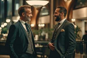 Businessmen talking together in lobby at hotel  ,Generative AI. photo