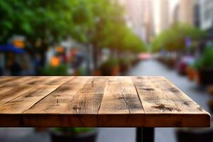 Wooden table top with blur background of outdoor cafe ,Generative AI photo