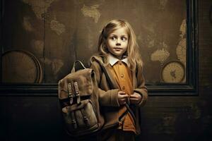 Little girl with backpack in classroom ,Generative AI photo