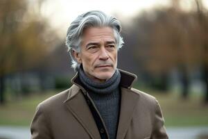 European man in 70s, medium gray hair, park background , Generative AI photo