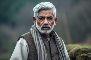 Indian man in 60s, medium gray hair, country site background ,Generative AI photo