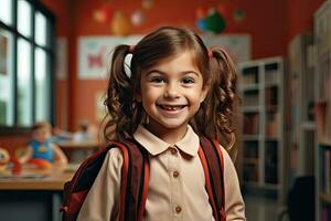 contento pequeño con mochila en salón de clases ,generativo ai foto