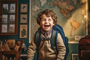 contento pequeño con mochila en salón de clases ,generativo ai foto