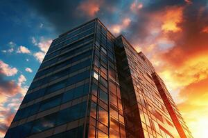 oficina edificio en un antecedentes de el azul cielo, puesta de sol , generativo ai foto