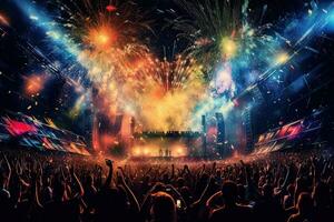 Edm party's on festival at building tall background , Generative AI. photo