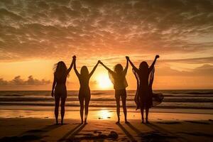 grupo joven con extendido brazos disfrutando el viento y respiración Fresco aire en el playa , puesta de sol , generativo ai. foto