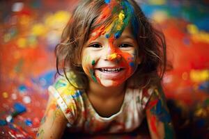 pequeño niña jugando con colores , generativo ai. foto