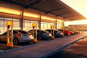 EV electric cars charging at a public charging station, Generative AI . photo