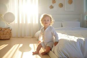 A baby boy in white sunny bedroom, Generative AI. photo