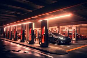 EV electric cars charging at a public charging station, Generative AI . photo