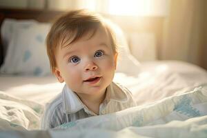 Close up face Baby boy in white sunny bedroom  ,Generative AI . photo