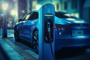 EV electric cars charging at a public charging station, Generative AI . photo