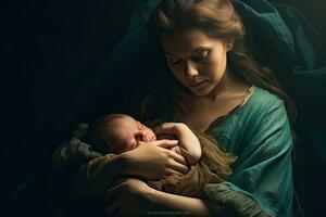 Woman with newborn baby , bed at home ,Generative AI . photo