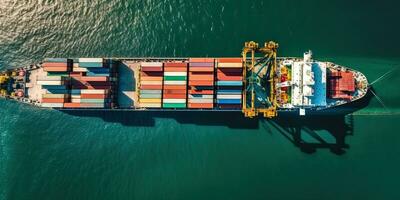 Top view. Container ship in the pier with crane bridge carries and physical system icons out export and import business in the open sea. Logistics and transportation , Generative AI . photo