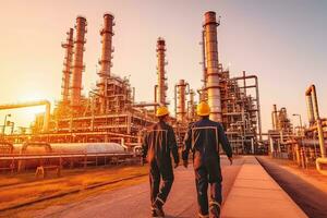 equipo industria ingeniero son trabajando y que se discute a frente petróleo y gas industrial fábrica, aceite refinería planta para industria , zumbido ver ,generativo ai . foto