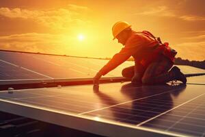 ingeniero instalando solar paneles, en el techo, eléctrico técnico a trabajar, generativo ai . foto