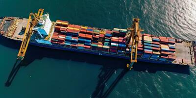 parte superior vista. envase Embarcacion en el muelle con grua puente lleva y físico sistema íconos fuera exportar y importar negocio en el abierto mar. logística y transporte , generativo ai . foto