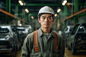 un hombre Japón en su 30s ese es vistiendo un industria coche chaleco y difícil sombrero en contra un fábrica coche antecedentes , generativo ai . foto